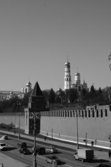 Wall Mural - Black and white photography. Panoramic view of the Kremlin wall and cathedrals on the territory of the Moscow Kremlin. 03.24. 2022 Moscow, Russia.