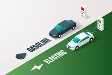 Electric Vehicle Charging Station Vs Gasoline Car Service Station.