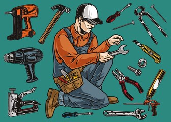 Poster - Manual worker and tools colorful details set