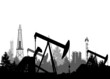 Oil industry banner, silhouette of pumpjack and refinery plant, overground drive for a reciprocating piston pump in an oil well, vector