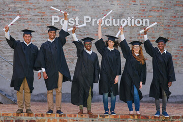 Poster - Graduation is just the beginning. Portrait of a happy group of students standing with their diplomas on graduation day.