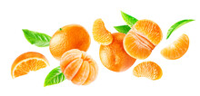 Group Of Flying Ripe Mandarins Whole And Peeled With Leaves Isolated On A White Background.