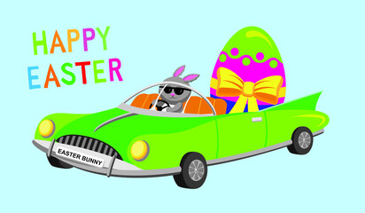 Cute cartoon style vector illustration of Easter Bunny in a car with Happy Easter message