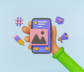Poster - 3d render. hand holding smartphone and Social media app. minimal icons.