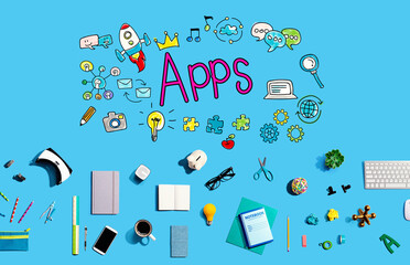 Poster - Apps theme with collection of electronic gadgets and office supplies