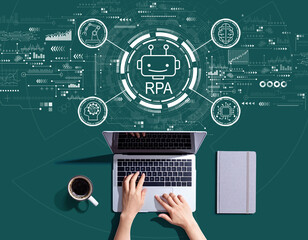 Wall Mural - Robotic Process Automation RPA theme with person using a laptop computer