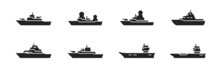 Warship Icon Set. Military Ships And Naval Vessels. Isolated Vector Image For Military Infographics And Web Design