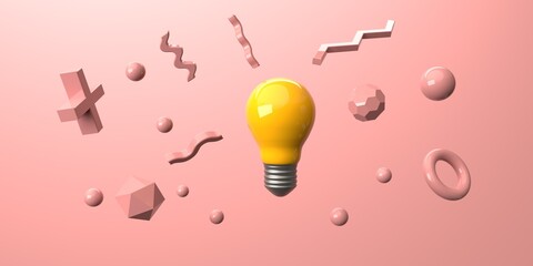 Poster - Light bulb with flying geometric shapes - 3D render