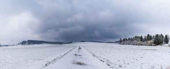 Wall Mural - snowy field path with cloudy sky in Schmuttertal biotope near the village of Gablingen near Augsburg in Bavaria, Germany