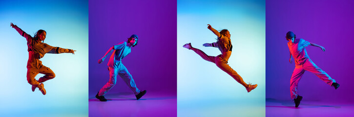 Wall Mural - Collage with young break dance or hip hop dancers dancing isolated over multicolored background in neon.