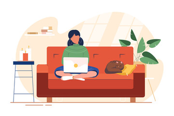 Fototapete - Woman with laptop sits on sofa. Freelance or study concept. Female character freelancer working or study from home online. Self-employed people work in comfortable conditions. Flat vector illustration