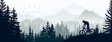 Silhouette Of Mountain Bike Rider In Wild Nature Landscape. Mountains, Forest In Background. Magical Misty Nature. Gray Illustration.