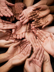 Sticker - We need your support. Shot of a group of hands held cupped out together.