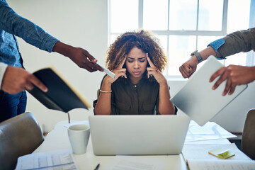 Poster - I cant deal with all the demands. Shot of a stressed out young woman working in a demanding career.