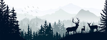 Horizontal Banner. Silhouette Of Deer, Doe, Fawn Standing On Meadow In Forrest. Silhouette Of Animal, Trees, Grass. Magical Misty Landscape, Fog, Mountains. Gray Illustration. Bookmark.