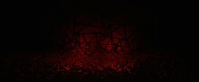 Ominous Abstract Cave With Crimson Highlights. Creepy Geometric Web With 3d Render Weaves And Hellish Red Flashes. Forgotten Cursed Tunnel With Intricate Passages.