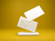 White business cards on a bright yellow background in space. Vector illustration. 3d template for design visualization.