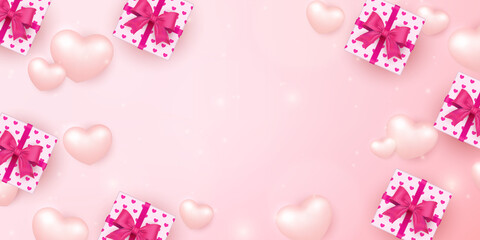 Wall Mural - Girlish pink 3D love heart and present gift box with ribbon flower