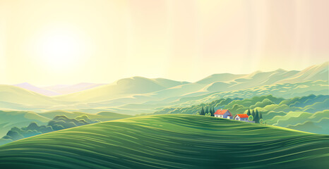 Wall Mural - Rural summer landscape with village, and hills from background.