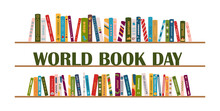 Books On Shelves. World Book Day. International Literacy Day. Biography, Adventure, Novel, Poem, Fantasy, Story, Detective, Art, Romance, Childrens Books, Cook Books.Vector Illustration In Flat Style