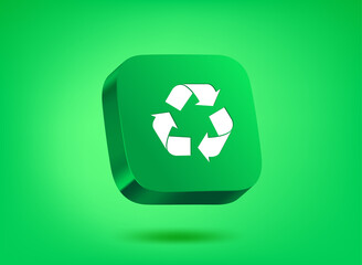 Poster - Green button with recycle pictogram on green background. 3d vector illustration