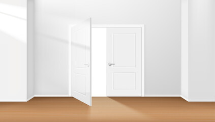 Poster - Bright interior with opened door and sunlight effect. Vector 3d illustration
