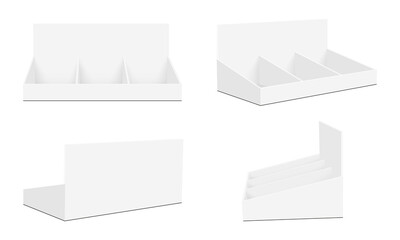 Empty Display Cardboard Counters Set, Front, Side, Back View, Isolated on White Background. Vector Illustration