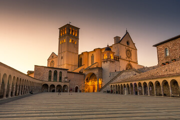 ASSISI, ITALY, 6 AUGUST 2021 Sunset over the San Francesco Basilica, one of the most important catholic churches