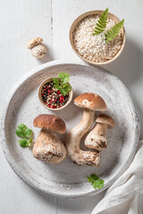 Wall Mural - Preparations for vegetarian risotto mushrooms with wild boletus and herbs