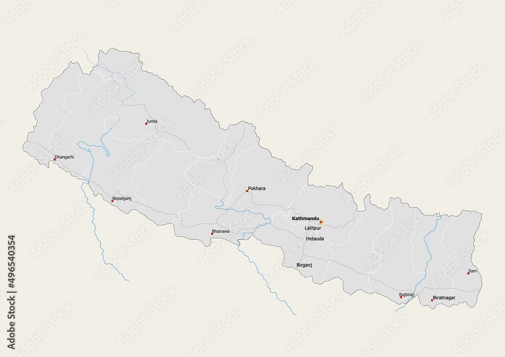 Isolated map of Nepal with capital, national borders, important cities ...