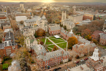 Aerial Downtown New Haven Close To Yale University During The Fall With Sun Rays 