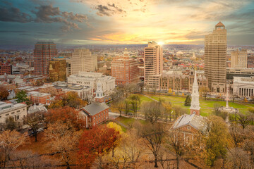 Aerial Downtown New Haven during the fall with sun rays