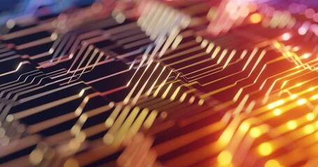 Poster - Abstract futuristic electronic circuit technology motion background. Digital data flow with blue and orange neon lights on a computer matrix, electronic components. 4K loop