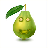 Cute green guava with eyes and mouth, trend of the season. Comical face. Can be used for cards for children learning words, food packaging. Cartoon joyful guava mascot smiling on white background