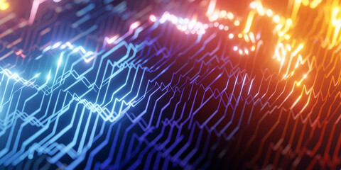 Poster - Blue and Orange technology background with copy space. Abstract data center, server, internet, speed. Futuristic HUD tunnel. Display screens for tech titles and background, tech headline. 3D rendering