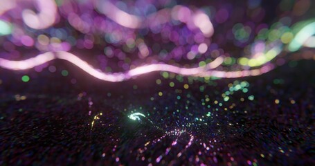 Poster - background of bright glowing particles in liquid, fluid formation. bright purple, green neon dots on