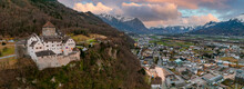 Aerial view of Vaduz - the capital of Liechtenstein. Vaduz castle in the capital of Liechtenstein