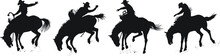 Vector Silhouettes Of A Rodeo Cowboy Riding A Bucking Bronc. A Saddle Bronc Rider And A Bareback Bronc Rider.
