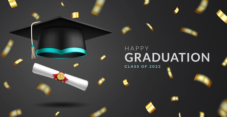 Wall Mural - Graduation greeting vector design. Happy graduation text with mortarboard cap, diploma and confetti elements for class of 2022 graduates celebration. Vector illustration.  
