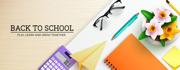 Poster - Back to school vector design. Back to school text in study table with notebook, calculator and ball pen elements for educational learning copy space decoration. Vector illustration.
