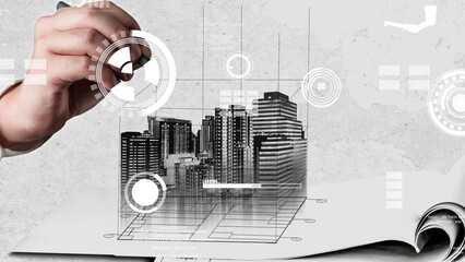 City civil planning and inventive real estate development . Architect people looking at abstract city sketch drawing to design creative future city building. Architecture dream and ambition concept.