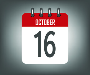 Icon day 16 october, red calendar template with gray background