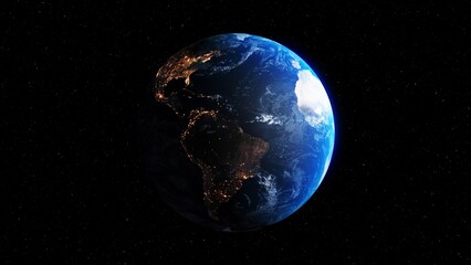 Planet earth with realistic geography surface and orbital 3D cloud atmosphere . Outer space view of world globe sphere of continents . 3D rendering graphic . Elements of this image furnished by NASA .