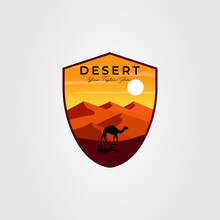 Vintage Camel On Desert Or Sahara Badge Logo Vector Illustration Design
