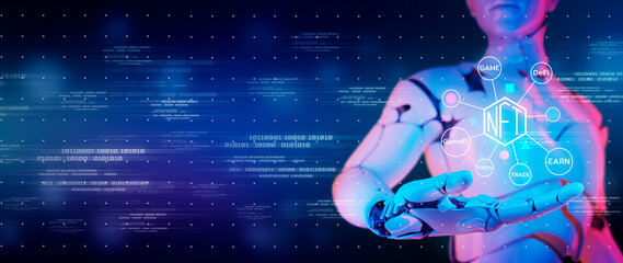 Poster - NFT Non fungible tokens digital currency crypto currency blockchain technology, future investment online business. Abstract 3D AI robot binary coding background