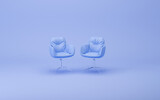 Fototapeta  - Two isolated chair in flat monochrome blue and very peri color background, single color composition, 3d Rendering for web page, presentation and picture frame backgrounds.
