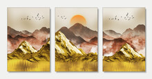 3d Art Mural Wallpaper Landscape, Light Background, Colorful Golden Mountains, Birds And Moon And Clouds In The Sky