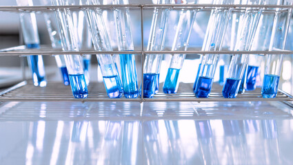 Wall Mural - glass flask in chemical science education laboratory with molecular structure in blue background