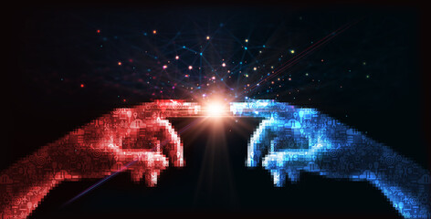 Poster - Digital marketing, Mosaic hands of businessman and customer with marketing icon inside touching of deal and data exchange on global network connection, Financial, Banking and marketing on networking.