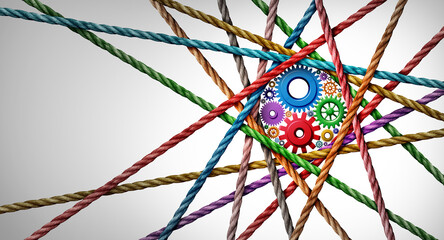 Poster - Diverse business connection and connected diversity as a central circle shaped group of ropes creating a centralized circular gearmachine shape.